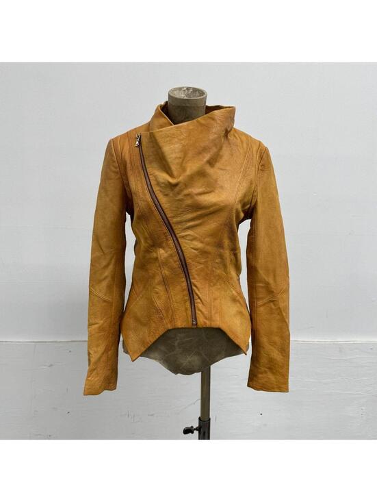 Jackets & Blazers - Vintage Tan Funnel Neck Asymmetric Avant Garde Leather Jacket